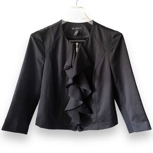 INC Sculptural Ruffle Front Blazer Jacket  Black Satin Front Zip Crop Si…